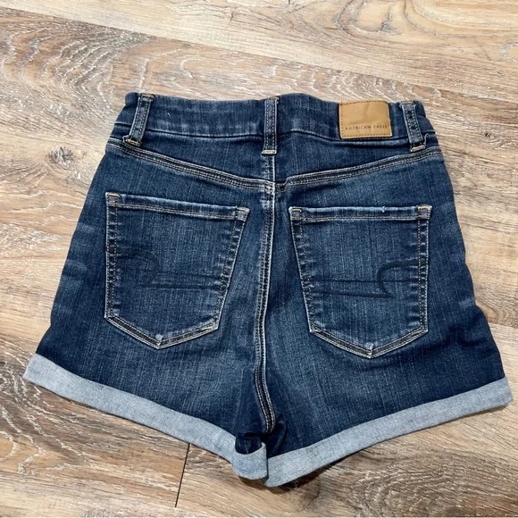 American Eagle Hi-Rise Next Level Stretch Distressed Shorties size 2 Dark Wash - Picture 2 of 5